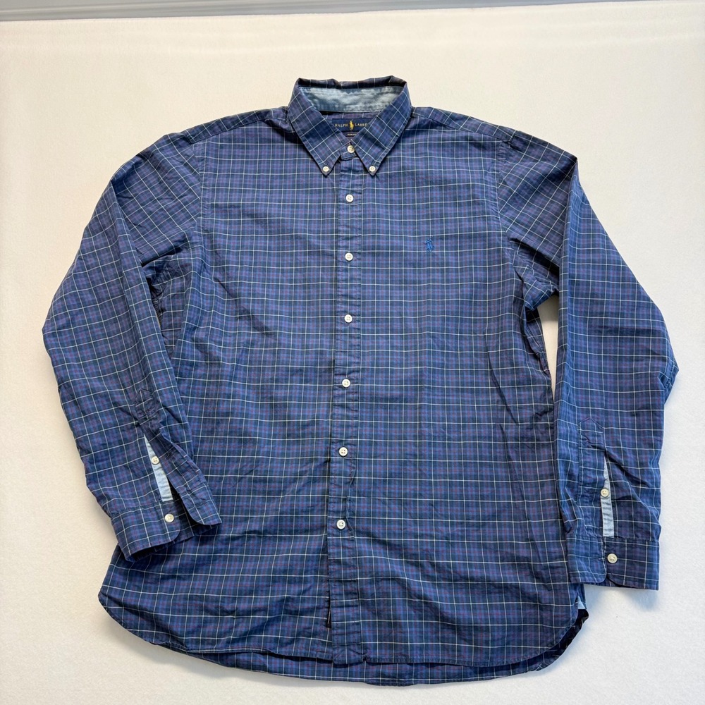 Ralph Lauren Button Down Shirt Mens XL Blue Plaid Excellent Slim Fit Long Sleeve